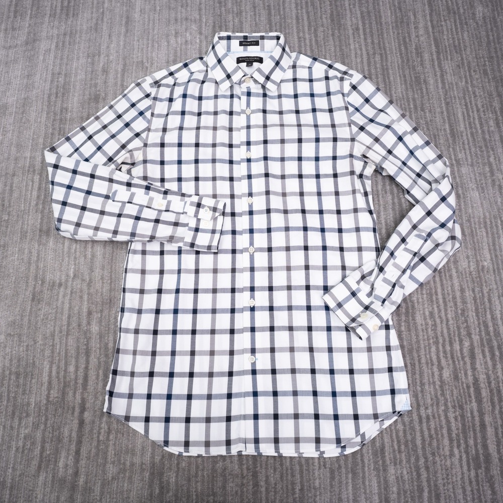 Banana Republic Button Up Shirt Mens M White Plaid Excellent Grant Fit Non Iron